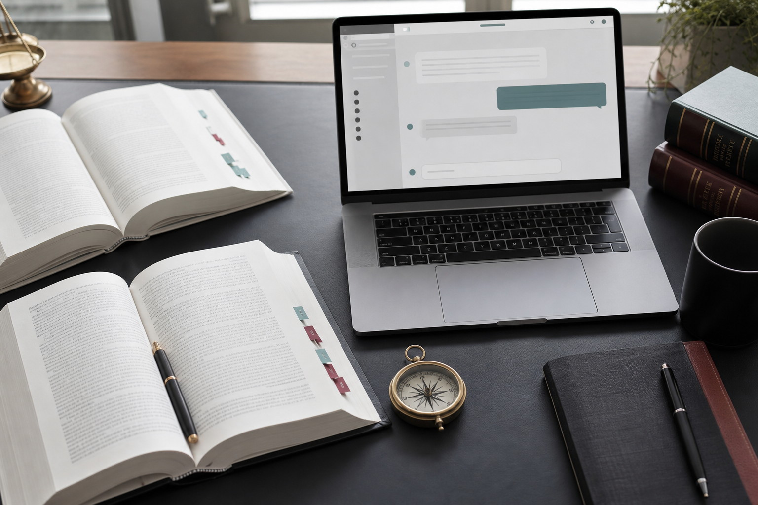 Legal research workspace with a laptop chat interface and citation tabs